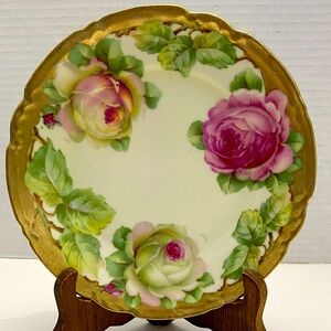 Small Decorative Gold-Trimmed Porcelain Plate Adorned w/3 Cabbage Roses Vintage
